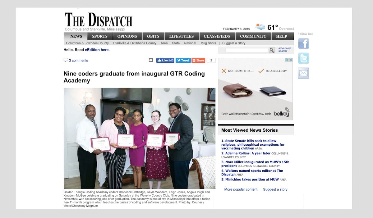 Columbus Dispatch - GTR Coding Academies - Innovate MIssissippi